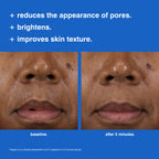 foaming reset mask infographic. reduces the appearance of pores. brightens. improves skin texture.