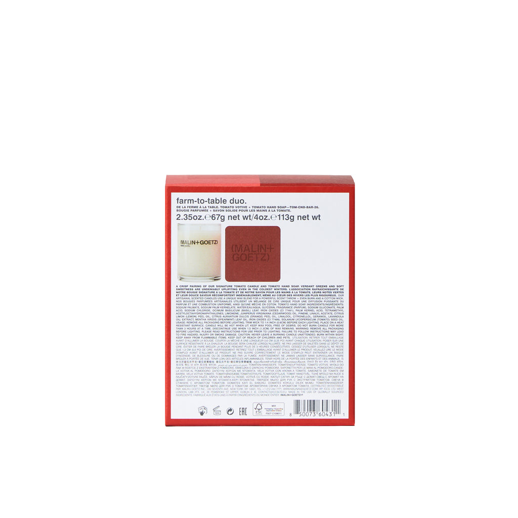 farm to table holiday gift set includes tomato votive. 2.35 oz. / 67g and tomato hand soap. 4 oz. / 113g