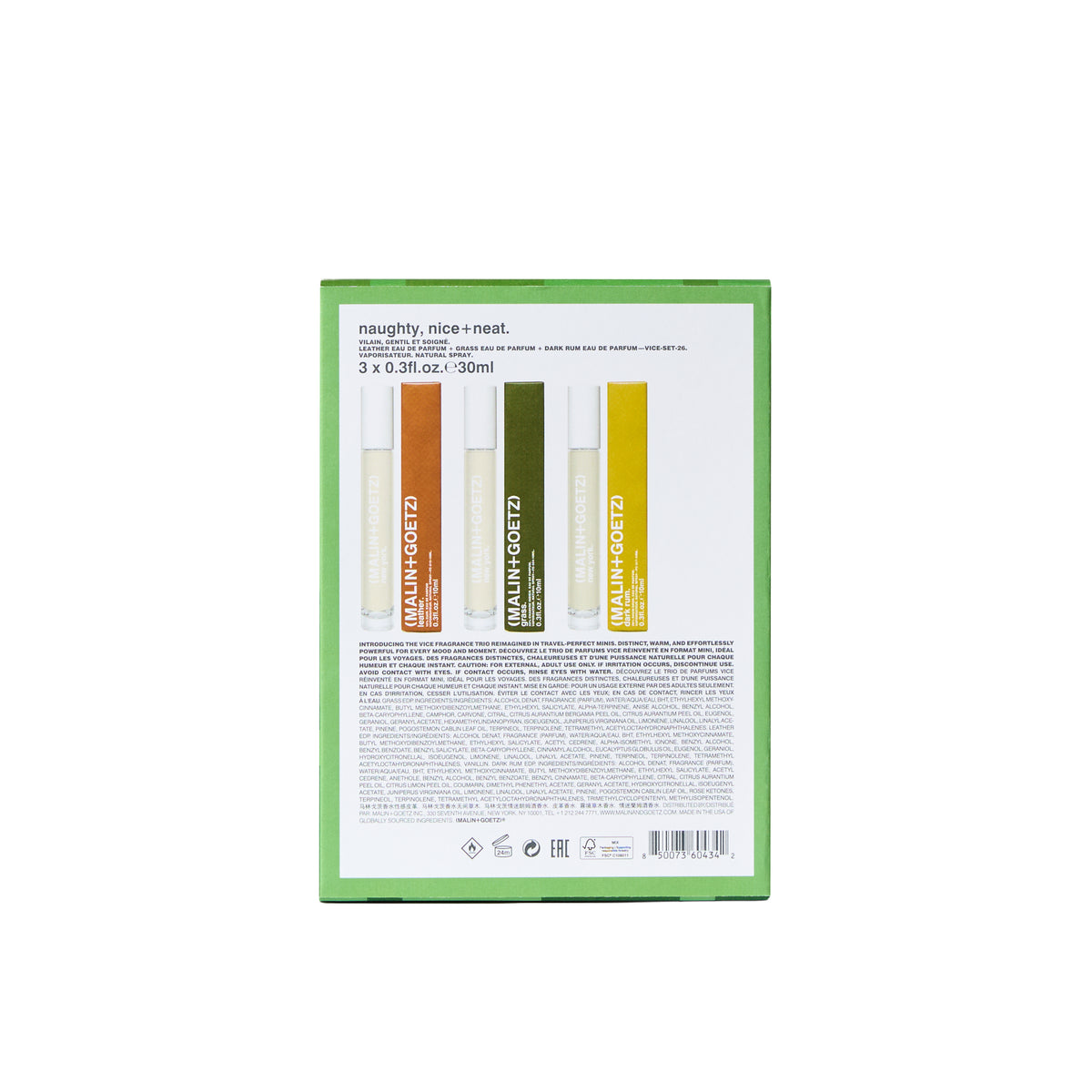 naughty, nice and neat holiday set includes leather eau de parfum. 0.33 fl. oz. / 10ml, grass eau de parfum. 0.33 fl. oz. / 10ml, dark rum eau de parfum. 0.33 fl. oz. / 10ml